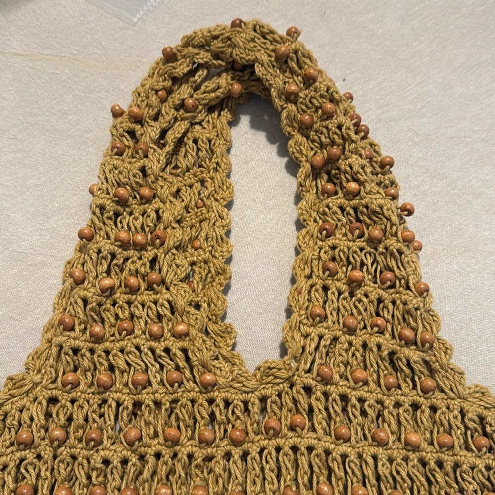 Aava Khaki Brown Beaded Open Knit Crochet Double Handle Market Beach Boho Tote - Picture 5 of 12